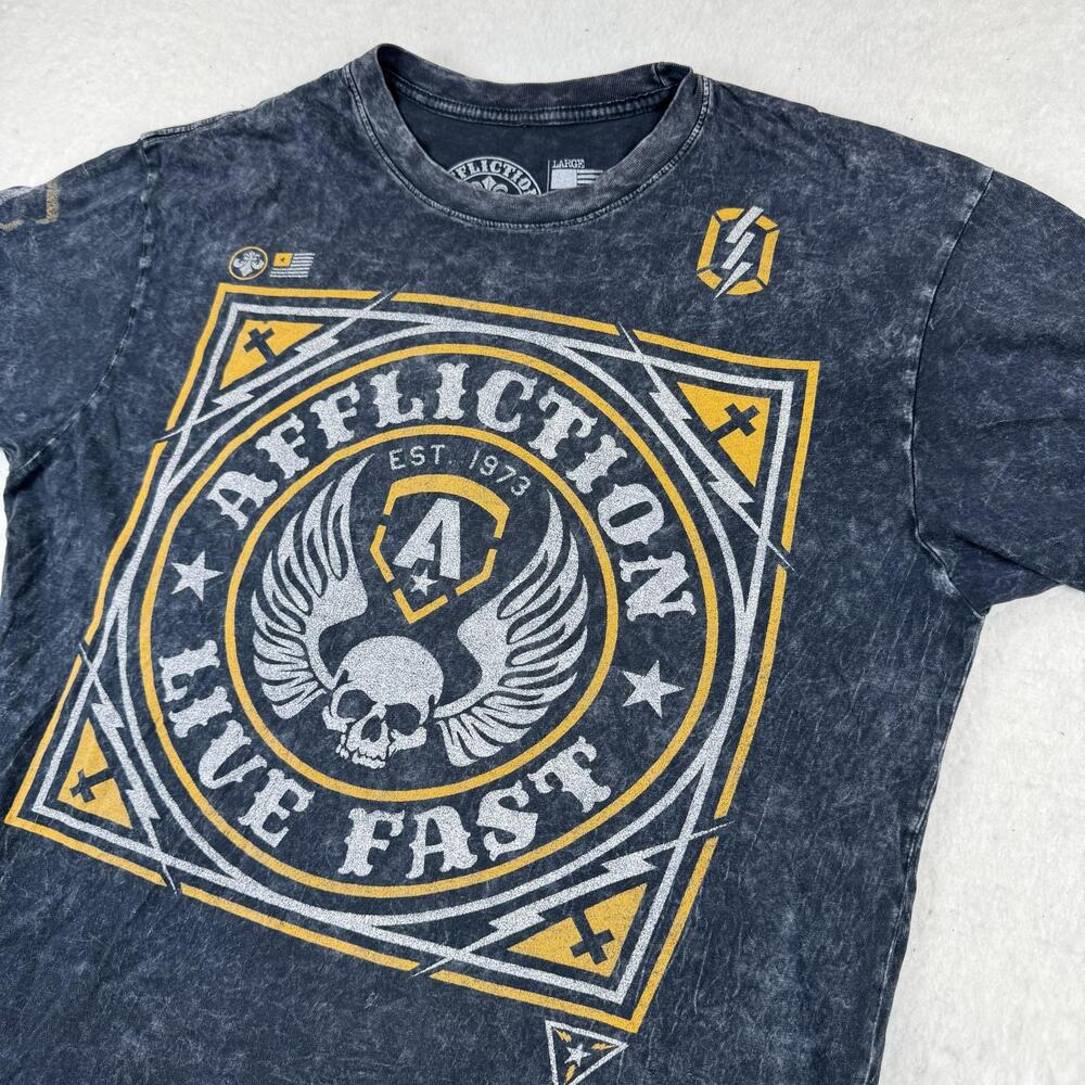 Affliction Shirt Mens Size L Gray Live Fast Skull Wings Graphic Tee Biker Moto
